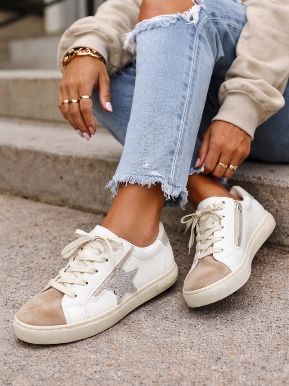 Vintage Havana Jenna White Camel Star Sneakers Rhinestone Zip 8